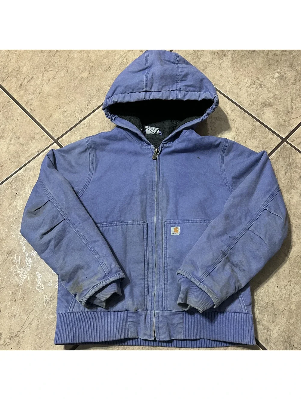 Carhartt Kids Periwinkle Blue Dark Gray Sherpa LIned Hoodie Full Zip Canvas Med